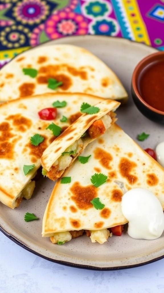 Cheesy cauliflower quesadilla cut into wedges, garnished with cilantro, served with salsa and sour cream.
